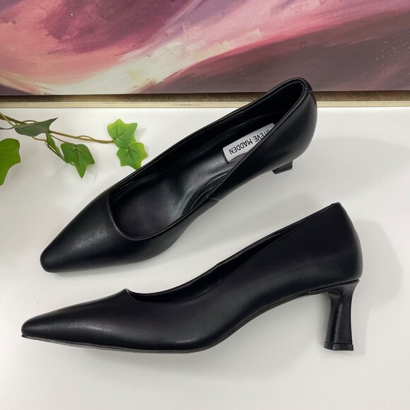 Steve Madden Womens Black Leather Pointed Toe Kitten Heel Pumps 9 - Picture 5 of 12